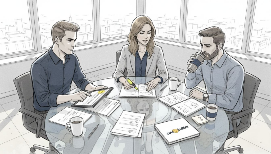 Team meeting in office reviewing course project