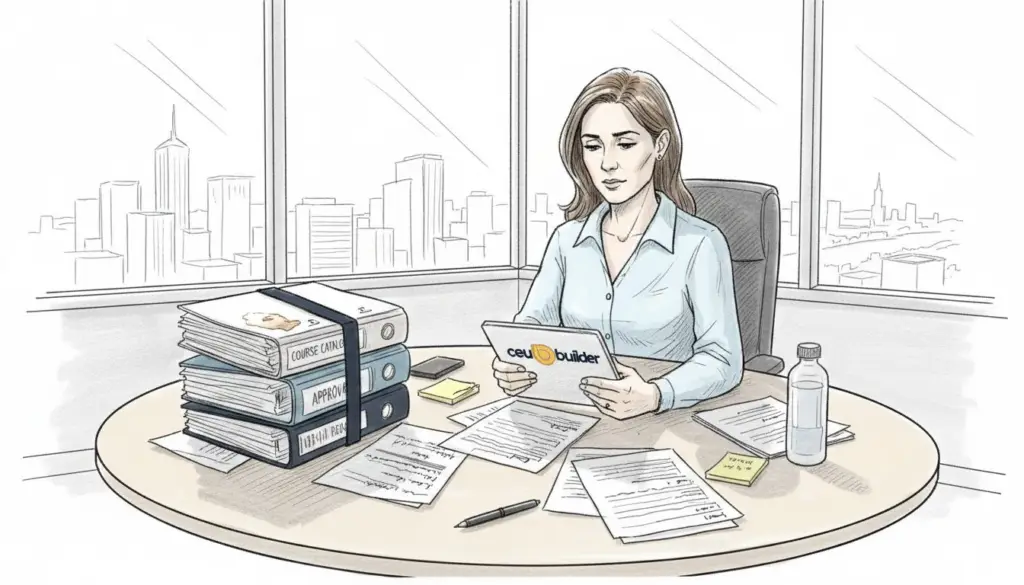 CEU accreditation manager at conference table