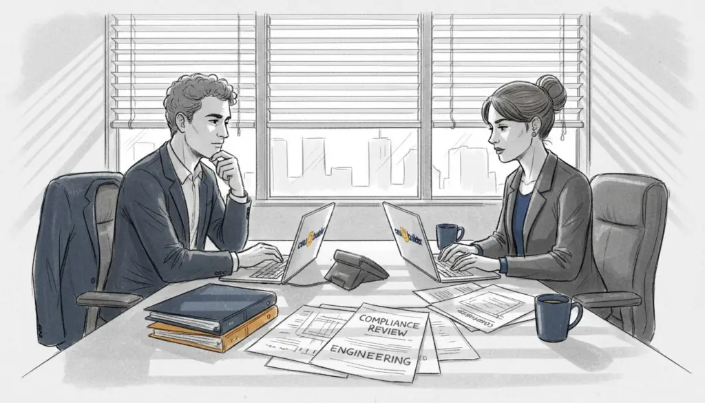 Engineers reviewing accreditation documents in conference room