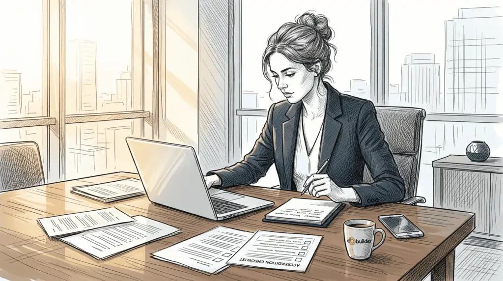 Architect reviewing accreditation checklist in office