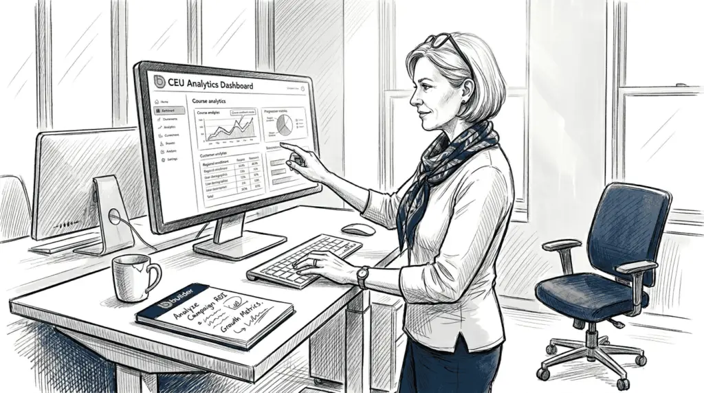 Executive analyzing CEU course data at workstation