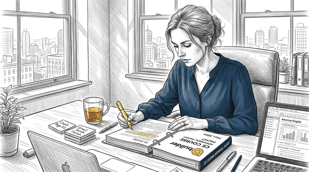 Woman reviewing course approval documents in office