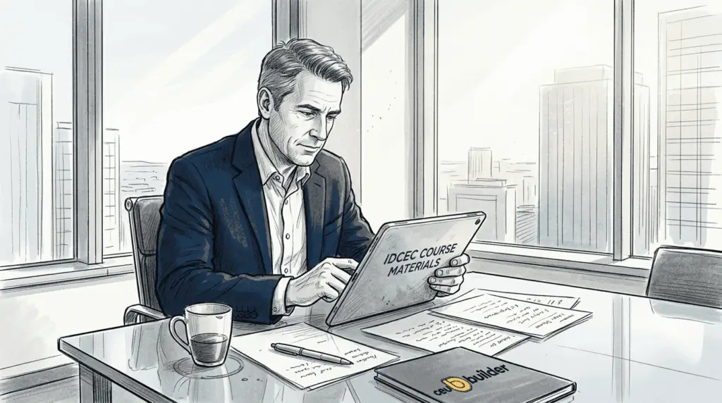 Manager reviews IDCEC course documents in office