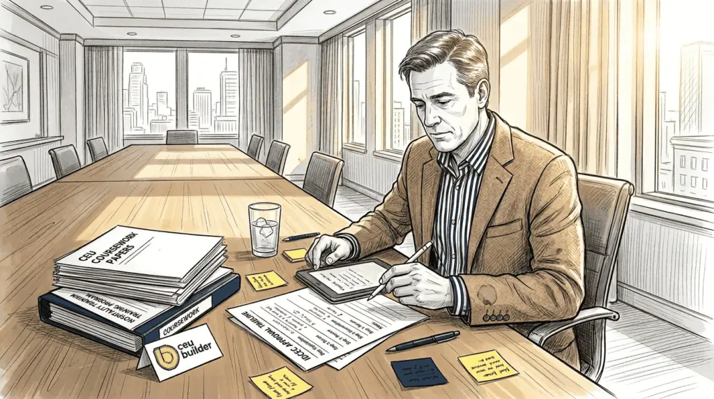 Manager reviewing CEU approval paperwork