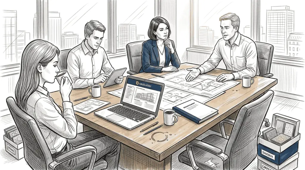 Architects and manufacturer meeting in corner office