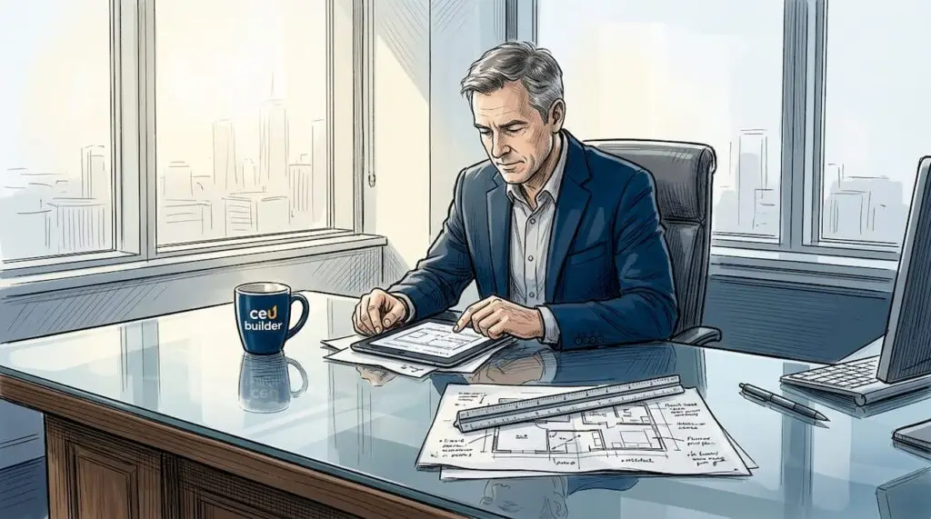 Architect reviewing hospitality specs in corner office