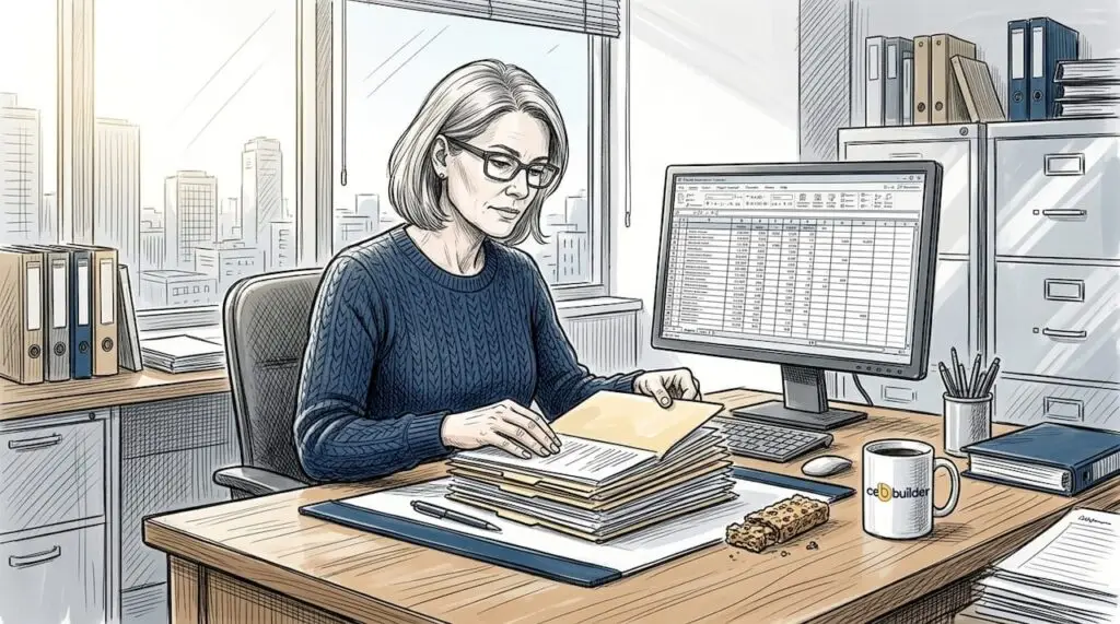 Professional registering CEU paperwork at bright office desk