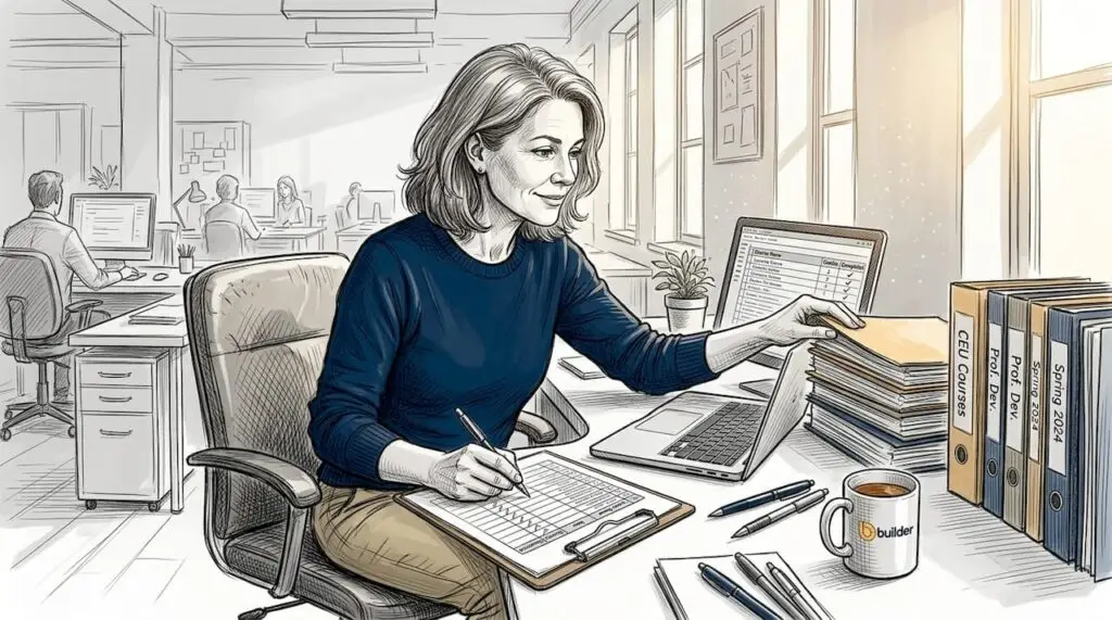 Woman organizing CEU course folders workspace