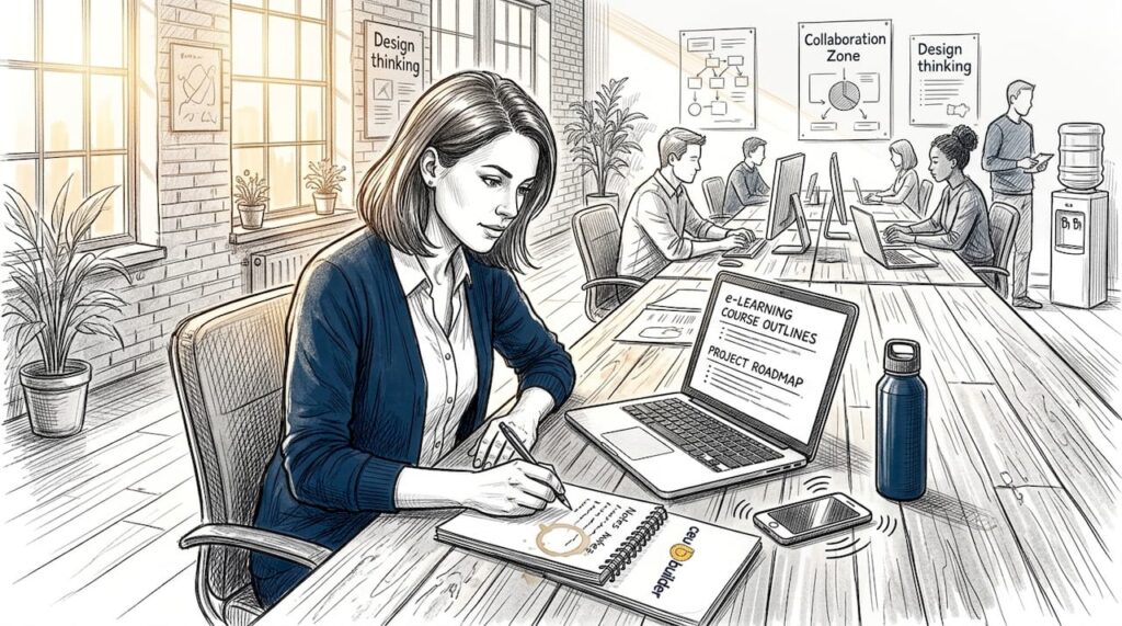 Manager reviewing e-learning course outlines