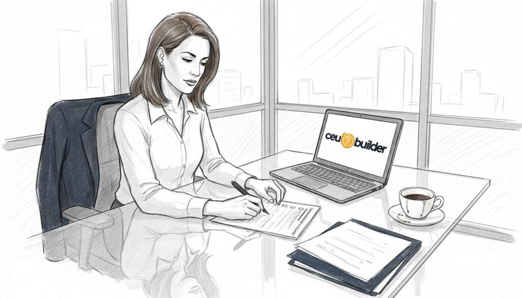 Businesswoman reviewing accreditation documents