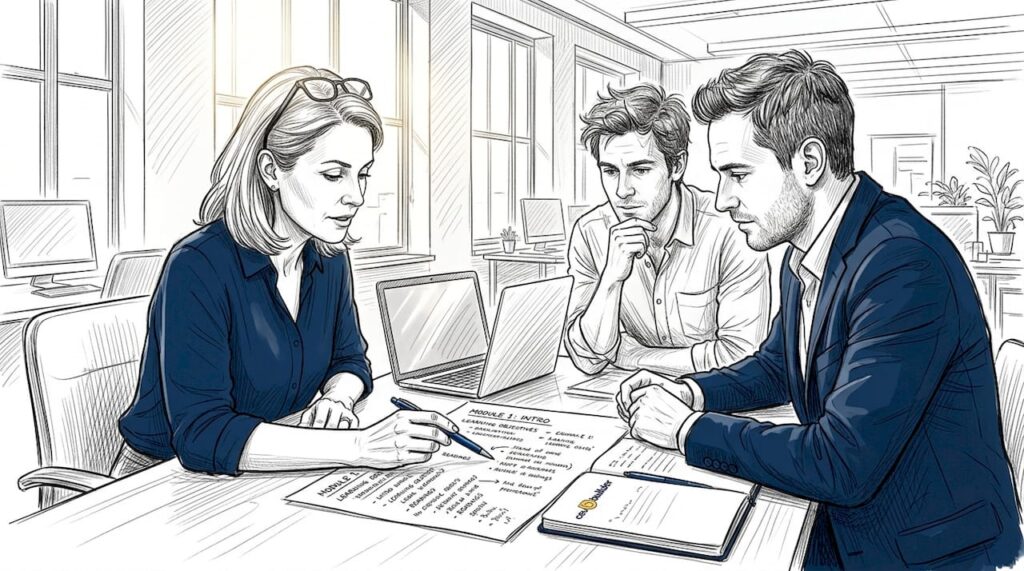 Team reviewing printed course outline in office