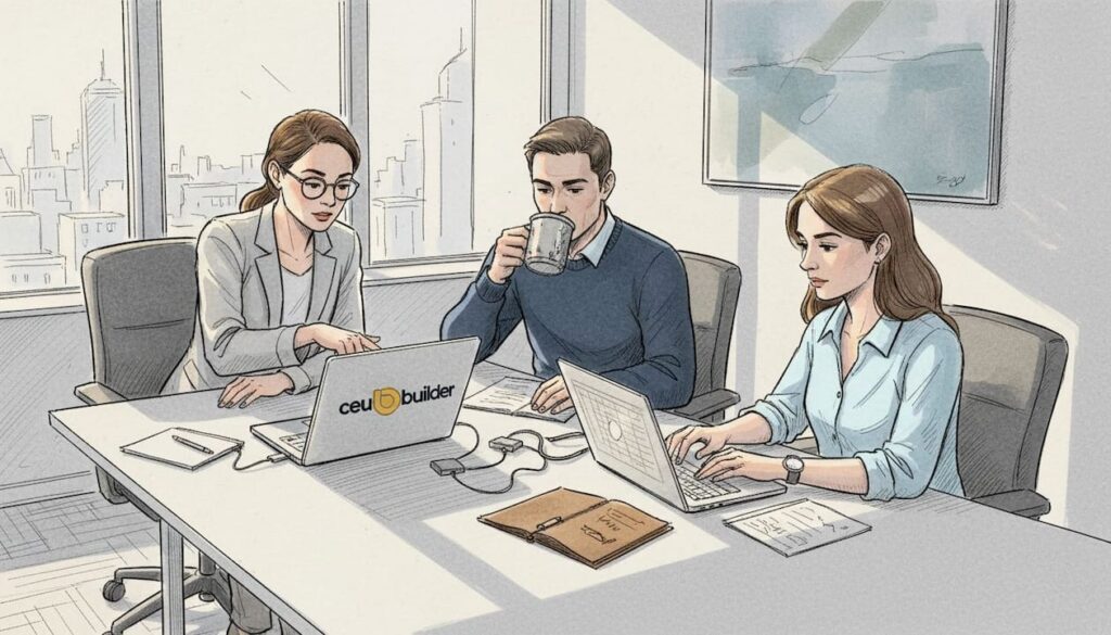 Team reviewing accreditation dashboards at meeting table