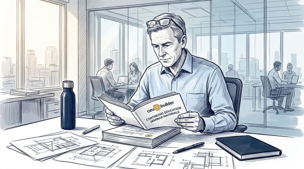 Architect reviewing continuing education materials at desk