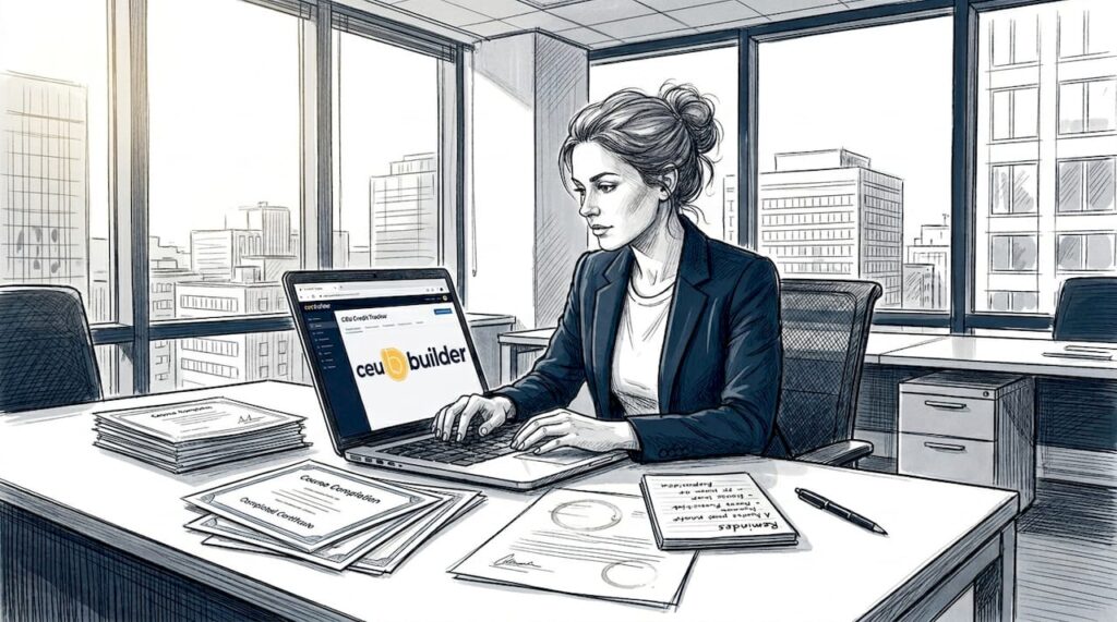 Professional updating education tracker at office desk