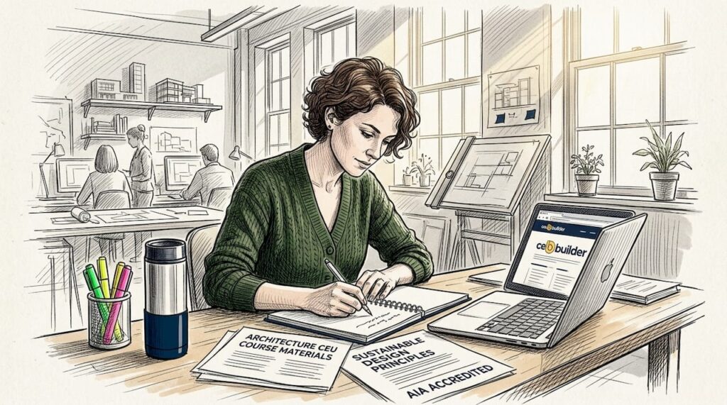 Architect reviews CEU course materials at workspace